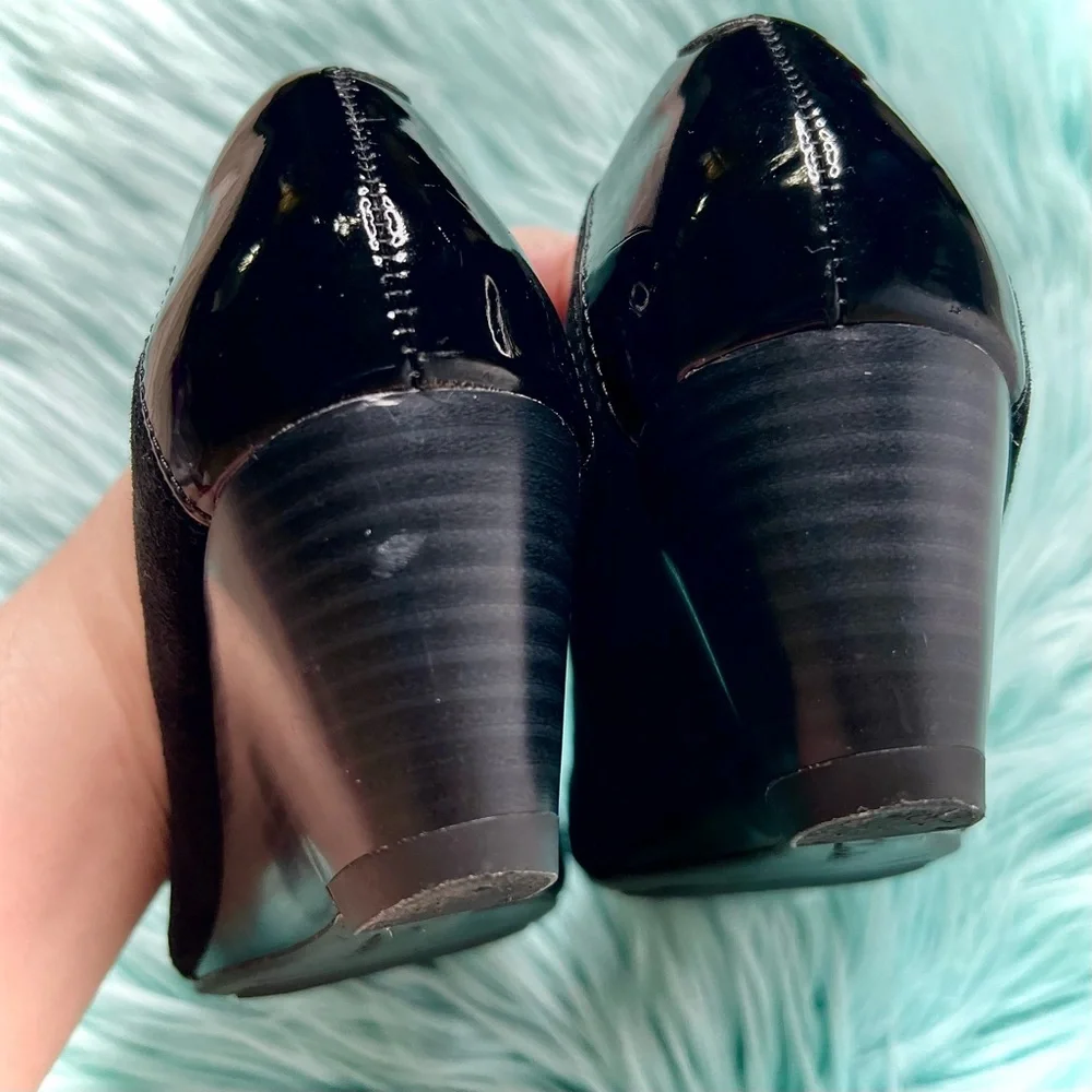 Clarks Black SUEDE & PATENT LEATHER Cap Toe Soft Cushion Low Wedges Women's 6